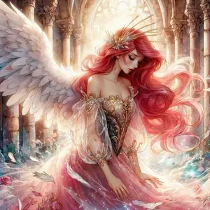 5D DIY Full Round Diamond Painting Kit - Red-Haired Angel with Wings and Gorgeous Dress. Mosaic, Canvas - DIY Decorative Painting, Home Wall Decor, Perfect for Valentine's Day, Independence Day, Birthday, and Anniversary Gifts.