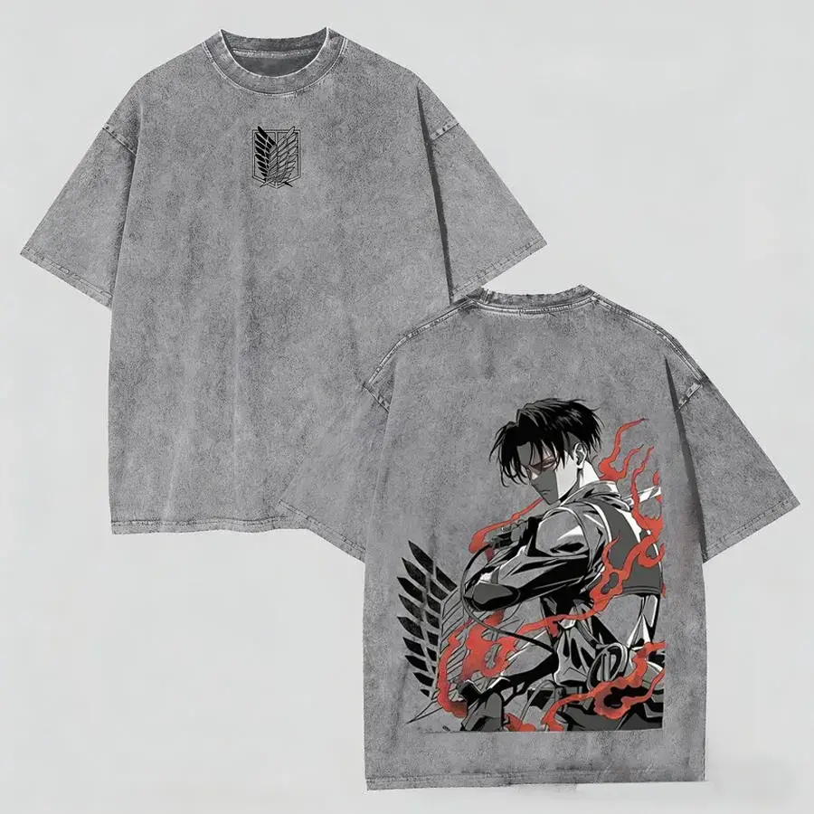 Men's Attack on Titan Levi Ackerman Oversized Round Neck Short-Sleeve T-Shirt - Vintage Anime Graphic, Acid Wash Distressed, Heavyweight Cotton Top, Survey Corps Wings of Freedom, Fashion Casual Streetwear Unisex Harajuku Merchandise, Tshirt, Shortsleeve,
