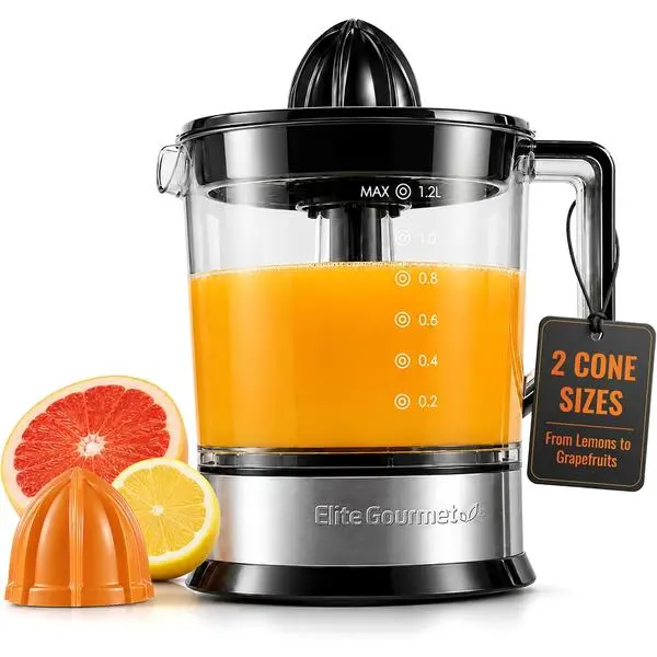 Elite Gourmet ETS740 Citrus Juicer, 2 Cones, 1.2L, Black/Stainless Steel | BPA-Free 40-Watt motor, compact large-volume pulp control - juices oranges, lemons, limes & grapefruits, easy-pour spout