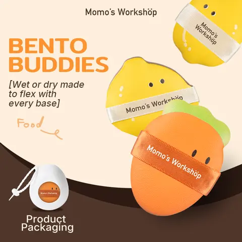Momo's Workshop Bento Buddies GEEGO Puff Duo - Travel-Friendly Washable PU Sponge Powder Pads, 10ml Hydrophilic, Lychee Leather Handles, Wet-Dry Use for Foundation Smoothening, Storage Box, All Ages Makeup Tool