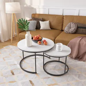 Round Coffee Table Set of 2, Nesting Coffee Table Industrial Wood Finish with Sturdy Metal Frame, 27.6inch End Table Side Tables for Living Room Bedroom Balcony Yard