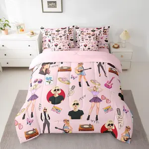Music Bedding Set,Singer Bed in a Bag,Guitar Comforter Set,7 PCS Coworker Sister Friends Bed Set with Comforter,Sheets,Pillowcase,Cushion Cover