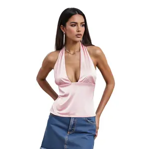 Women’s Halter Tank Tops Summer Trendy Solid ColorFit Backless Deep V Neck Sleeveless Shirt