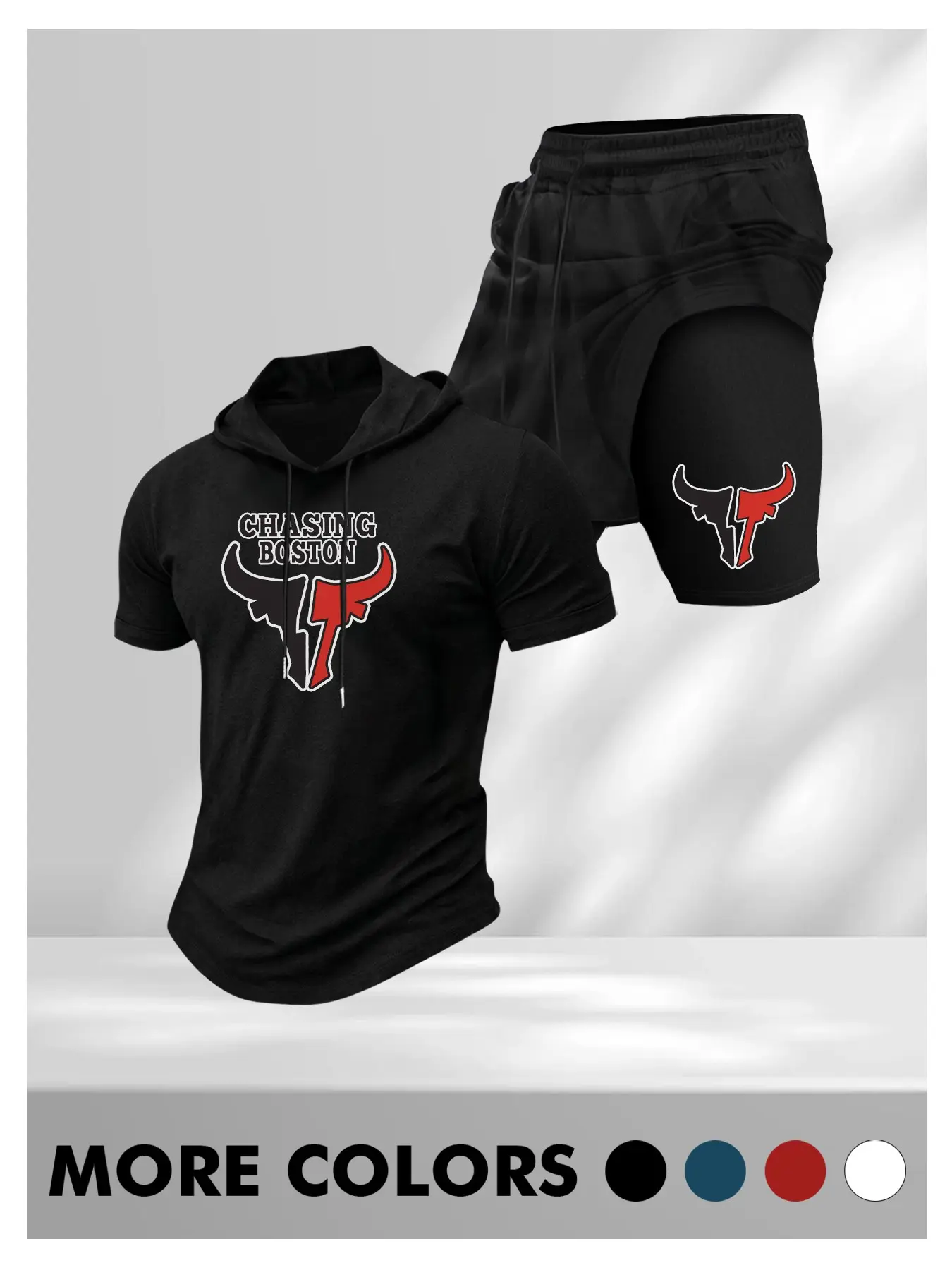 Men's "Chasing Boston" Bull Print Hoodie & 2-in-1 Shorts Set, Workout T-Shirt with Compression Liner, 2-Piece Gym Outfit for Basketball, Training #springsaledeals2026 #summeroutfits #tiktokshopmademebuyit #menfashion