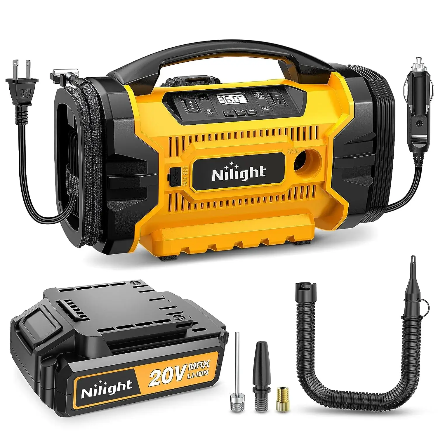 Nilight Portable Car Inflator Air Compressor - 160PSI Max, AC/DC Dual Power, 1500mAh Rechargeable Battery, Auto-Stop, 22 L/min Fast Inflation, Bright Light LED Flashlight, Metal Cylinder, Dual Duct Design, Digital Display, for Cars, SUVs