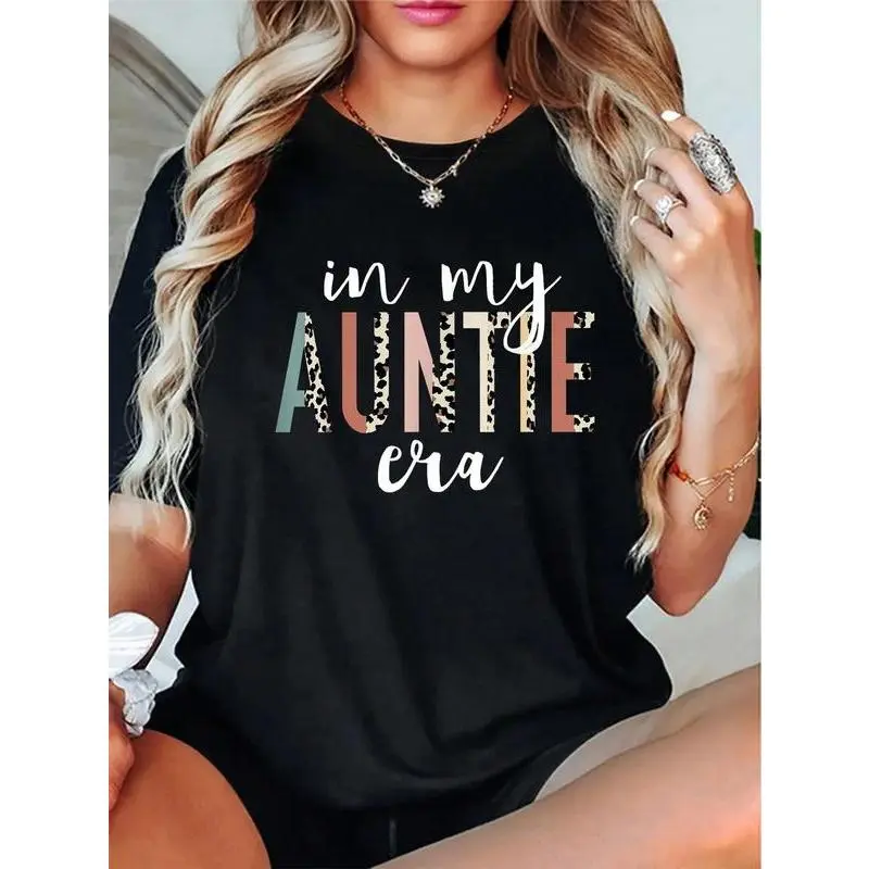 "Auntie Era" Graphic Tee, Unisex 100% Cotton Short Sleeve Tshirt, Soft Simple Crew Neck Top, Comfortable Fit Gift for Aunts, Fabric, Printed, Casual, Digital Print, Basic, Shortsleeve, Everyday, T-Shirt, Long Lasting Ink, Round Neck, Piece