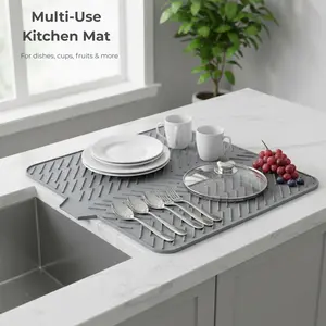 Silicone Dish Drying Mat with Drainage Lip High-Temp Resistant Kitchen Drainer Pad for Quick Cleanup Perfect for Dishes Tableware and Cutlery Grey with Built-in Drain Lip Hygienic Sturdy Compact Easy to Clean Tray Protects Surfaces Prevents Water Build Up