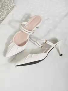 New Fashion Women's Pointed Toe Low Heel Mules, Backless Half Slip-On High Heels, Rhinestone Decorated Pleated Shoe Face Commuter Sandals