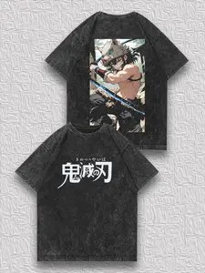 valentine shirts Men's Distressed Reversible T-Shirt - Demon Slayer Inosuke Wild Battle Illustration, Japanese Title, Niche Streetwear Vintage Anime Unique Casual Top