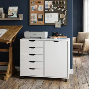 5 Drawer Mobile Storage Cabinet with Door Wooden Printer Stand Rolling Organizer Cabinet White Furniture for Home Office Study Room Decor