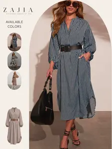 Women's Striped Shirt Dress with Belt, Elegant Formal Midi Office Dress, Business Casual Workwear, Chic Long Sleeve Dress for Professional Look