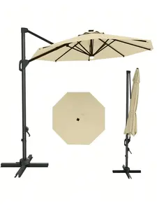 【Christmas Gift】Beige 10FT Outdoor Aluminium Cantilever Umbrella - Solar Panel-Powered LED Light, Adjustable, Windproof, 360-Degree Rotation, Market Sun Shade W/Base Included for Garden, Patio