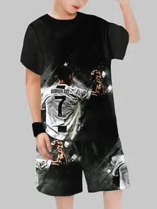 Cr7 Football Star Sports Set, Printed Short Sleeve T-Shirt & Matching Shorts, Dynamic Two-Piece Set, Casual Spring & Fall Wear, Athletic Fashion Activewear