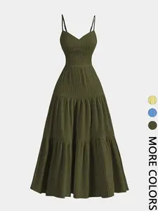 Women's Elegant One-Piece Dress, Pure Color Fine Strap Layered Ruffle Tiered Waist Design, Lightweight Fitted Casual Wear for Women