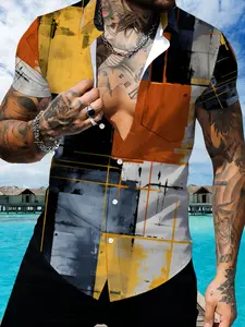 Fashion Geometric Pattern Collared Print Short Sleeve Shirt, Men's Trendy Casual Top, Summer All-match Personality Shirt