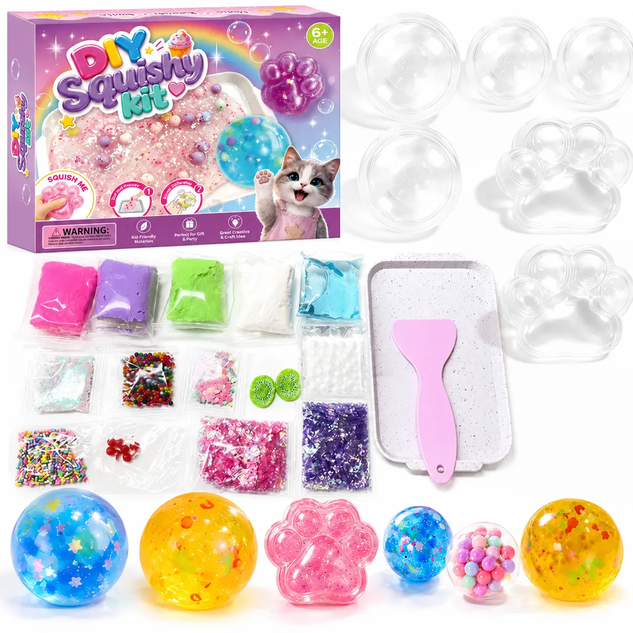DIY Squishy Ball Making Kit for Kids Ages 6+, Make Your Own Squishies with Slime, Round and Paw Molds, Glitter, Beads and Mixing Tools, Creative Craft Set Diy Squishy Making Kits Cute Squishies Squishy Soft Squishy Box Set