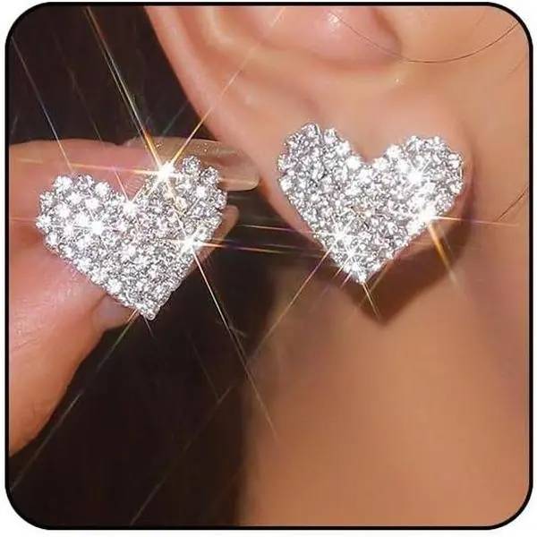 Rhinestone   Earrings Hot  Heart Earrings for Women Sparkly Black Earring Large Big Chunky Statement Stud Earring Bling Dainty  Trendy