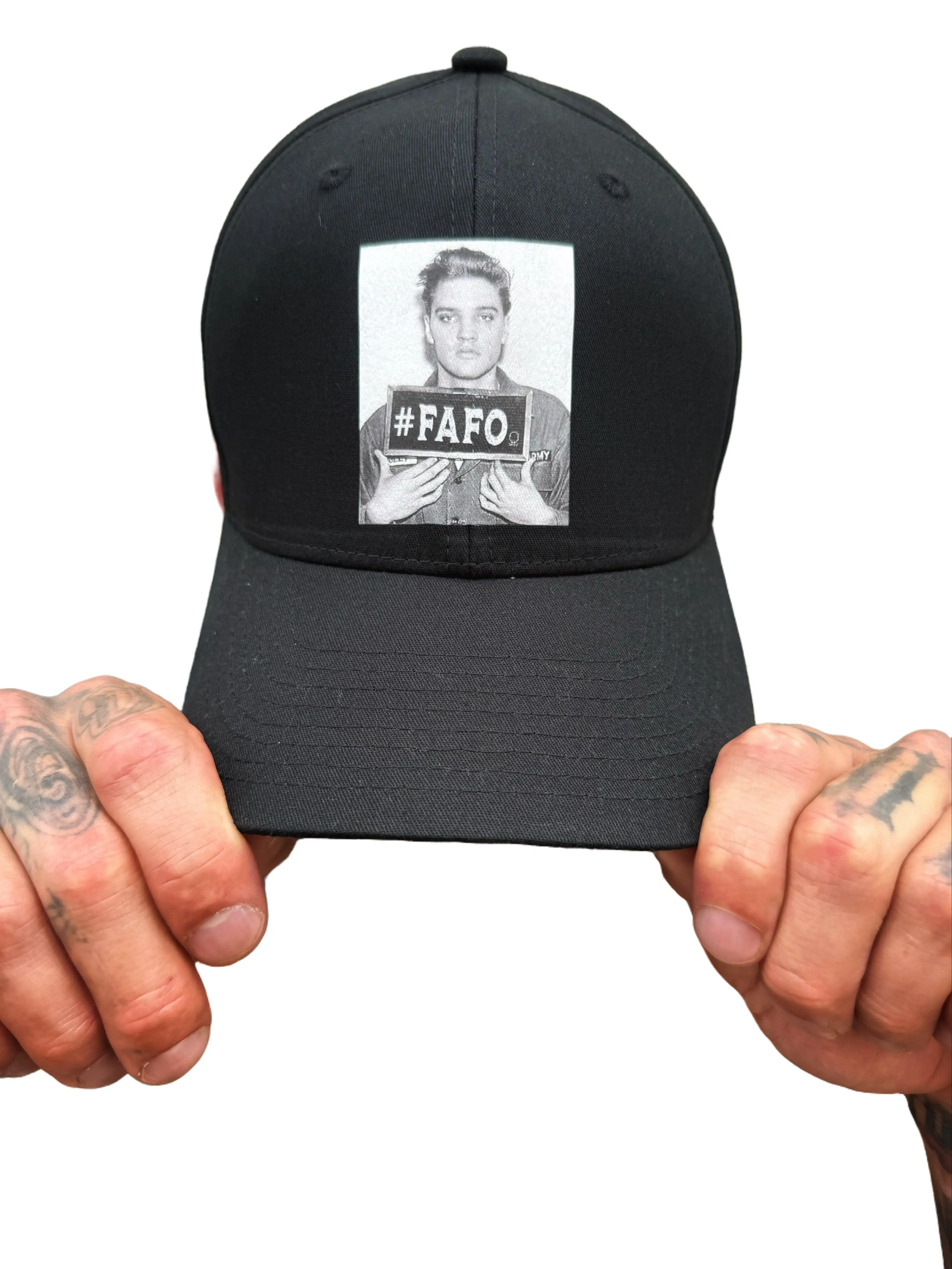 TheDriveClothing Elvis FAFO Flexfit Cotton Hat – Black Fitted Cap with Grey Print, Structured 6 Panel Mid Profile Stretch Fit Hat, Premium Streetwear Headwear