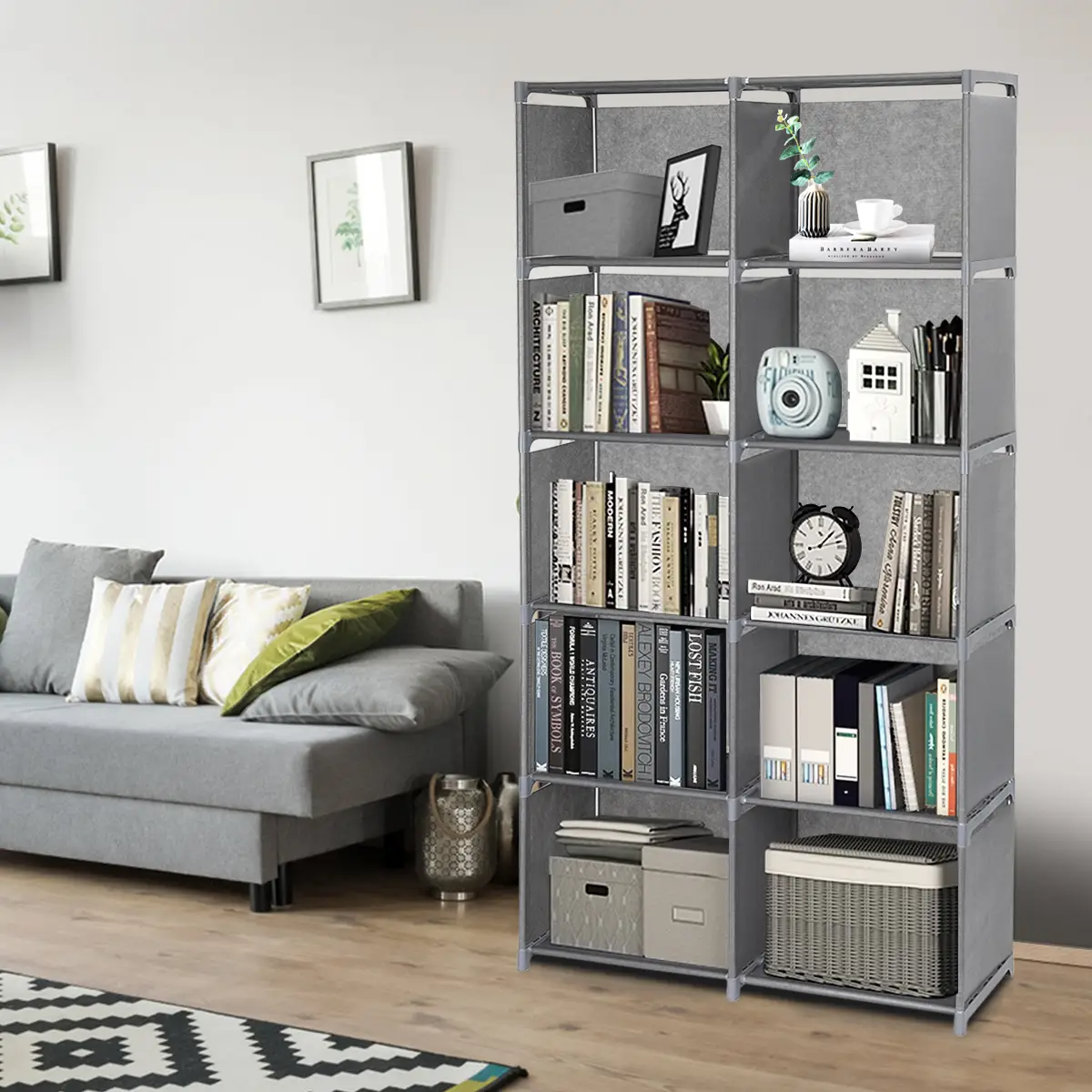 OYAJIA DIY Grid Shelf Bookshelves, Bookcase 10 Cube Storage Organizer Tall Portable Bookshelf Vertical Shelves For Storage, Gray Furniture Living Room