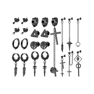 Sanfenly 23-Pcs Unisex Stainless Steel Earring Stacking Set - Hoops, Grunge Styles, Small Balls, Studs, Barbells, Drops for Men's Daily Wear & Cartilage Use