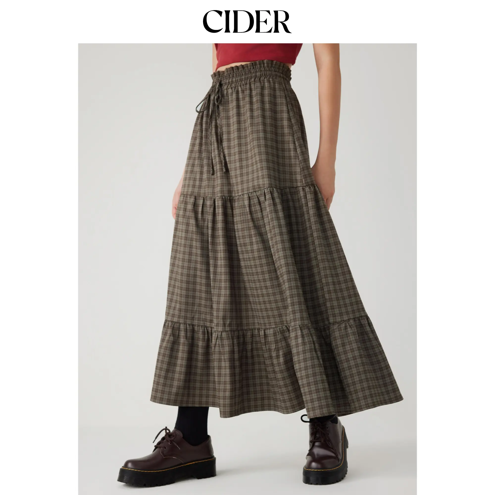 Cider [2 colors, size 0-10] Elastic Waist Check Knotted Tiered Maxi Skirt