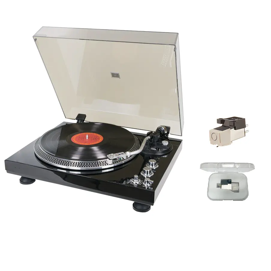 Vintage Belt-Driven Turntable with 2-Speed, Wireless Audio, RCA Line Out, Auxiliary, AT3600L Needle Replacement, Piano High-Gloss Black Vinyl Player, Gift for Music Lovers (1 Piece)