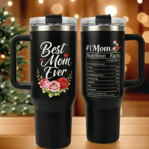 40oz “Best Mom Ever” Nutrition Facts Tumbler with Handle – Funny Mother’s Day Gift for Mom, Black Floral Insulated Cup, Keeps Drinks Cold 24H / Hot 12H