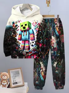 Boys' Pixel Style Game Theme Robot Hoodie Set, Casual Fitted Silhouette Two-Piece, All Seasons Wear, Random Print Design, Pixel Art Theme