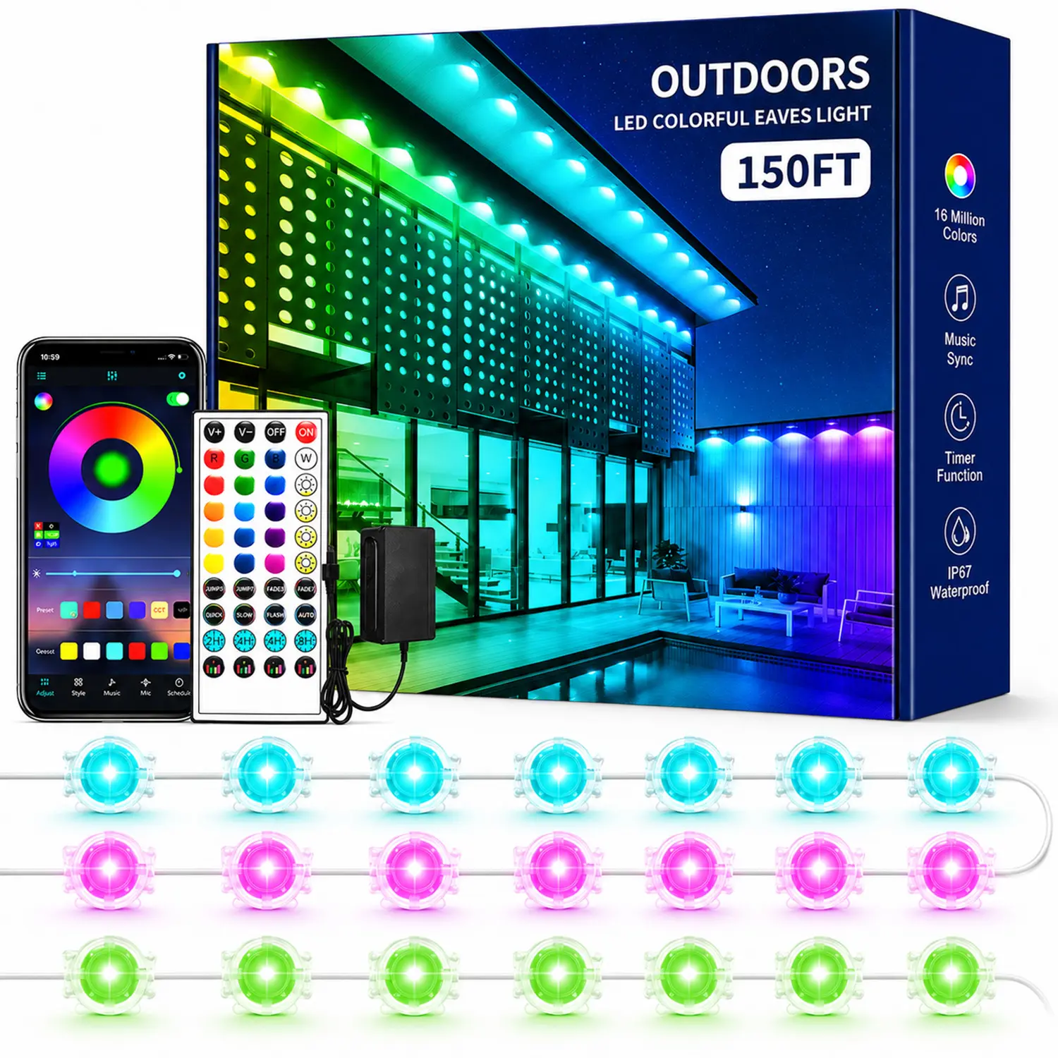 Yocrostar Permanent Outdoor Lights Waterproof Smart LED RGB Light with App/Remote Control, Music Sync & DIY Scenes, Permanent Christmas Lights for House Roof, Parties & Daily Decor