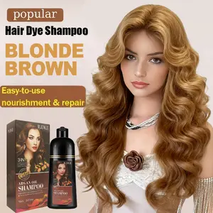 Golden Brown Argan Oil Hair Dye Shampoo 3-in-1, Instant Gray Coverage, Long-Lasting Natural Color for Women & Men, Champú Para Canas 16.9 Fl Oz