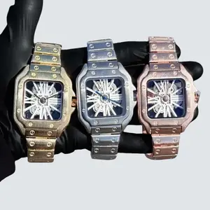 MEN'S METAL BAND LUXURY WATCH SKELECTON DIAL SQUARE BLING GOLD / SILVER / ROSE GOLD, REMOVABLE LINKS, ALLOY CASE
