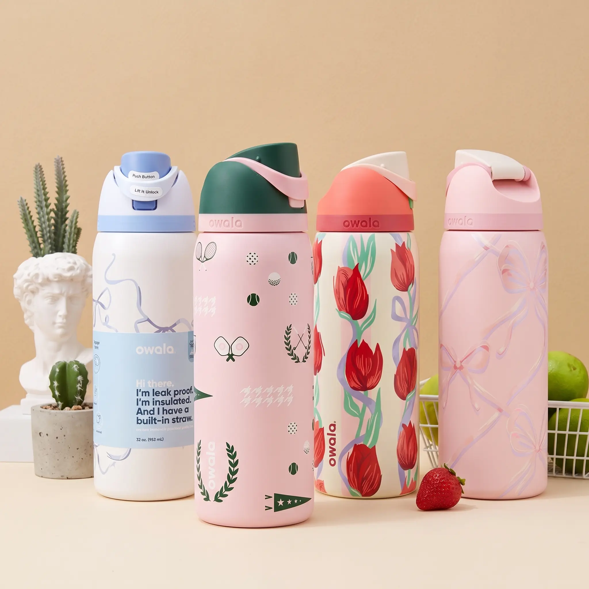 Owala FreeSip 32oz Special Edition 3 Colors | Sugar Plum Fairy / Tulip Bouquet / Blue Bow, 2-Way Spout Straw Insulated Water Bottle, Leak Proof BPA-Free