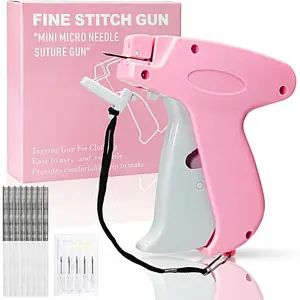 Handheld Stitch Gun Quick Clothing Fixer Pink Sewing Kit Includes 1000 Black Fasteners 1000 White Fasteners & 6 Needles for Clothes
