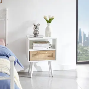 White Rectangular Rattan Side Table - Multi-Purpose Bedside Tables, 15.75"L×11.81"W×22.05"H, MDF Body, Solid Wood Legs, Rattan Door, 120LBS Load Capacity, Smooth Slide Drawer Storage, Easy Assembly for Living Room Office