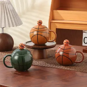 Gift box three-piece set (1 cup, 1 lid and 1 spoon) basketball cup, mug, sports souvenir, boys water cup gift, basketball theme ceramic cup, sports souvenir