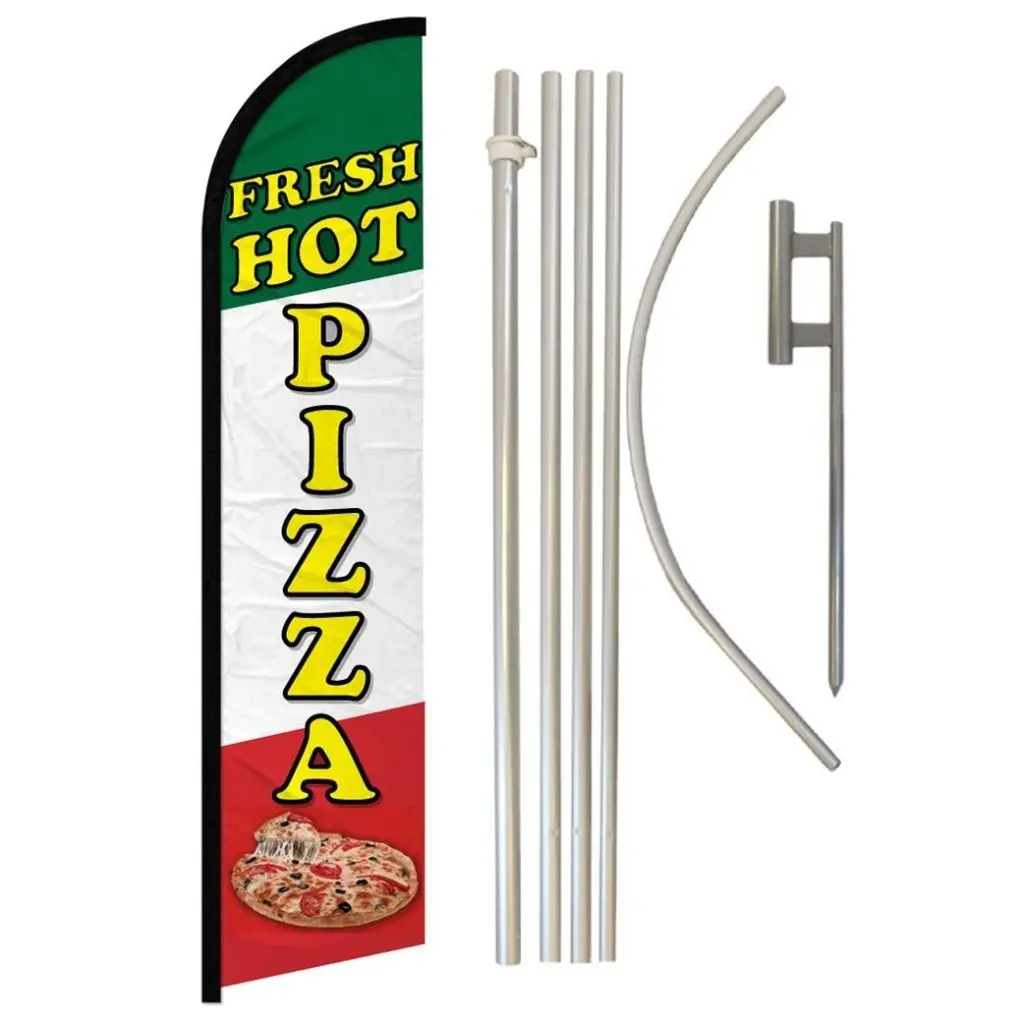 Windless Pizza Print Advertising Banner & Aluminium Pole Complete Kit, 11.5x2.5 ft Home Decor Backdrop, Party Yd Sign Banner for Festive Supplies, Yard Sign Banner