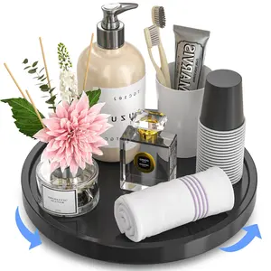 360° Rotating Bathroom Vanity Tray, 10" Bamboo Turntable Decorative Tray for Perfume Candle Soap Skincare Trays for Counter Dresser Sink Storage Wooden Countertop Organizer for Table Decor Black Bedroom