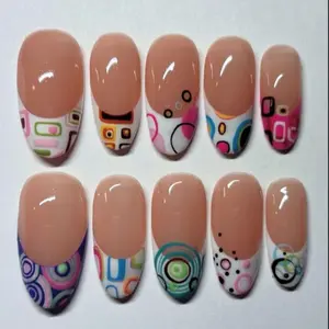 S76 Katy Nails Retro Geometric Press-On Nails, Nude Base with Pop Art Patterns, Vintage 70s Vibe, Everyday Chic, Gifts for Her
