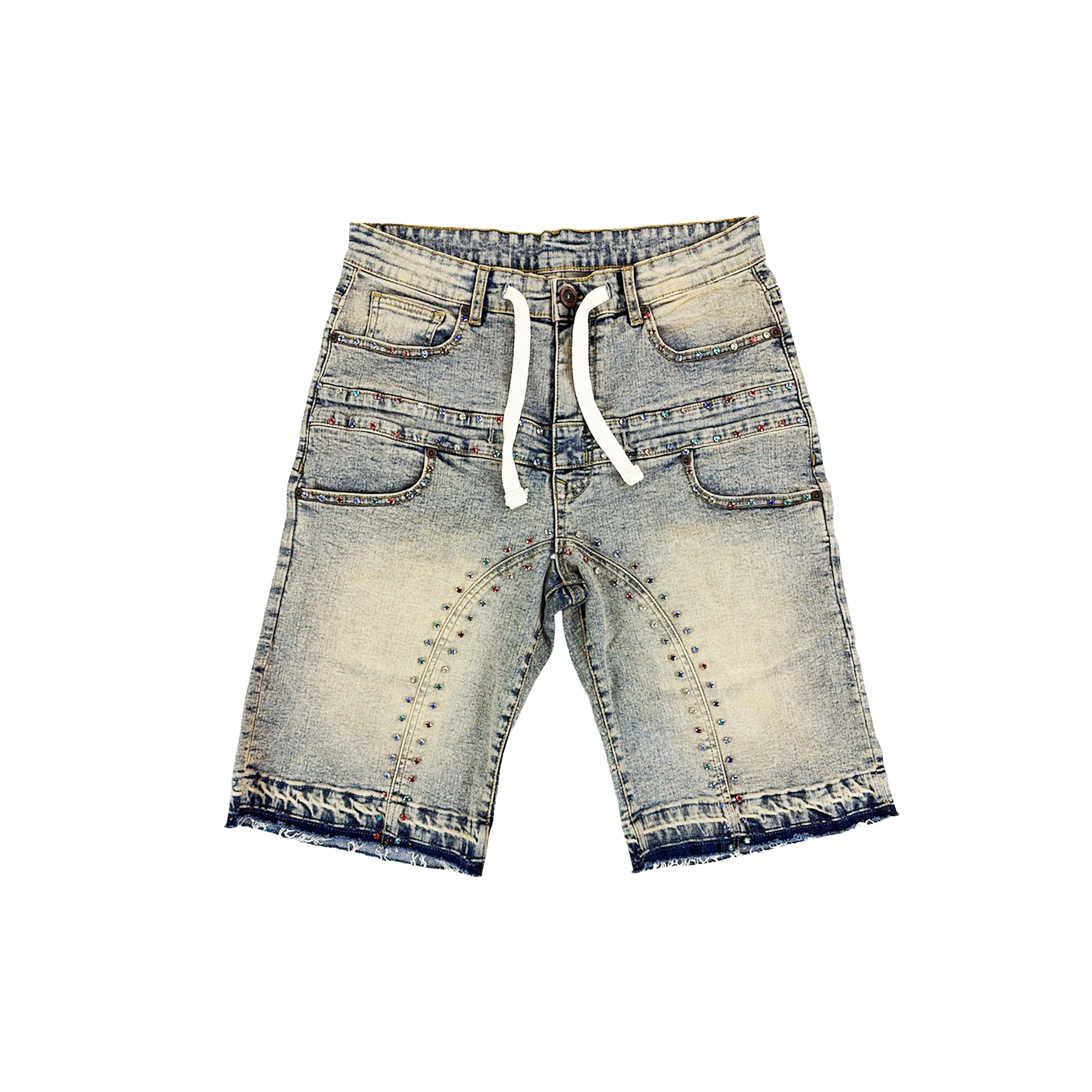 Menswear Slim-Fitting Vintage "Skittles" Denim Washed Jorts - Cotton-Spandex Streetwear Pants, 90s Look, Casual Style, Pocket & Stone Accents, Vintage Wash, Zip, Slim Fit, Denim Jorts, Casual Wear, Jeans, Short Shorts