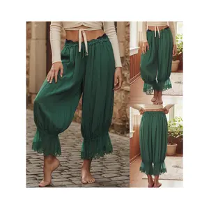 Women's Loose Lantern Pants Elastic Waist Lace Mesh Hem Trousers Slip Pants for Under Dress