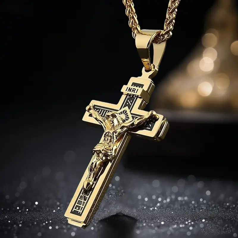 Men's Gold Cross Necklace - Sleek Minimalist Style with Etched Symbolism, Luxury Accessory for Devoted Gentlemen, Fade-Resistant Gold Finish