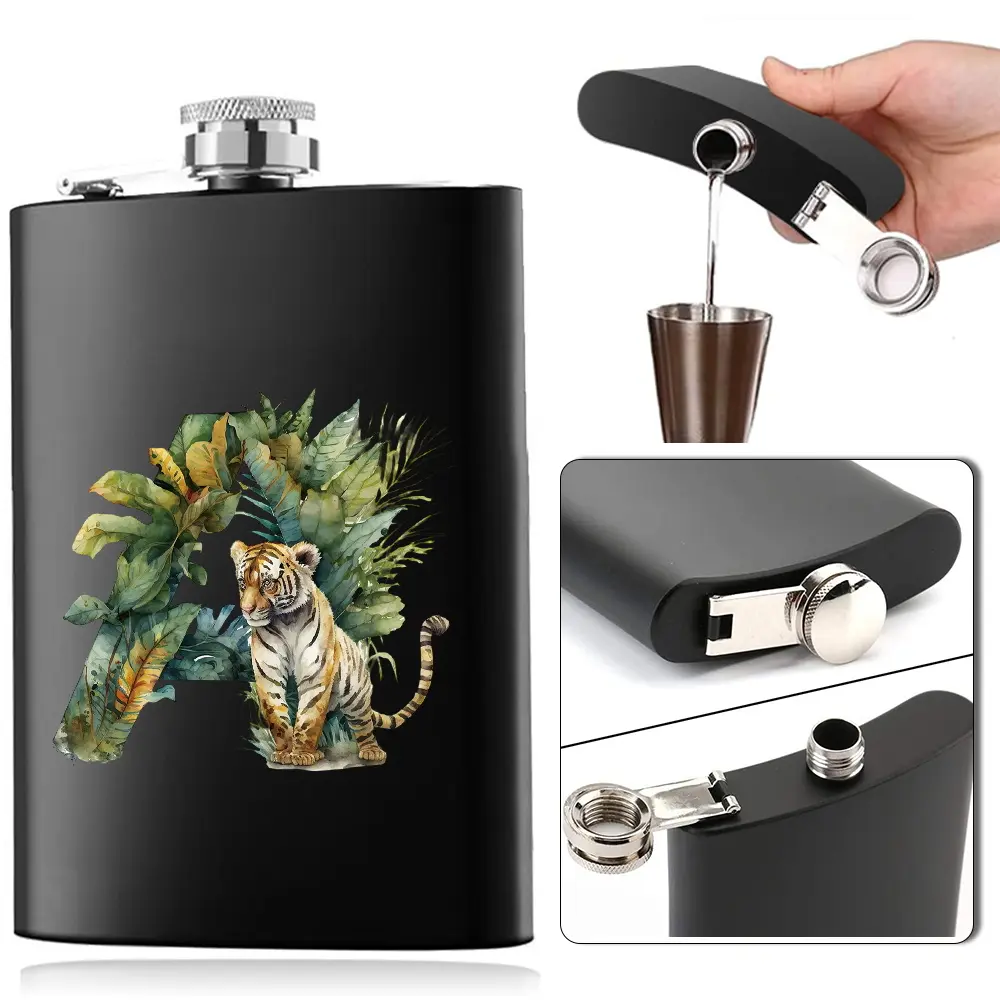 Stainless Steel Wine Pot Bottle, Whisky Flask with Jungle Tiger Design, Portable & Leakproof, Ideal for Outdoor Camping