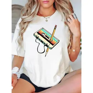 Retro 80s 90s Cassette Print Graphic T-Shirt - Women'S Casual Crew Neck Short Sleeve Tee, Black with Colorful Music Note Design, Perfect for Spring/Summer Parties  Vintage Style Events |       Vintage Style Tee |       Music note design, Music T Shirts
