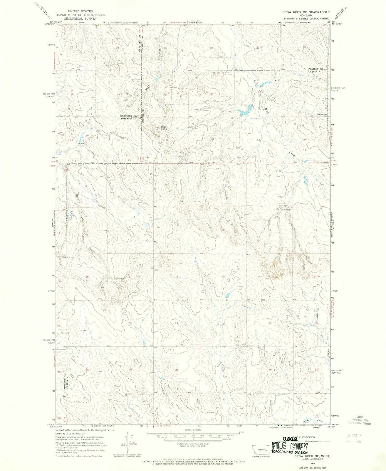Crow Rock SE Montana USGS Topographic Quadrangle Map, 1965, 1:24000