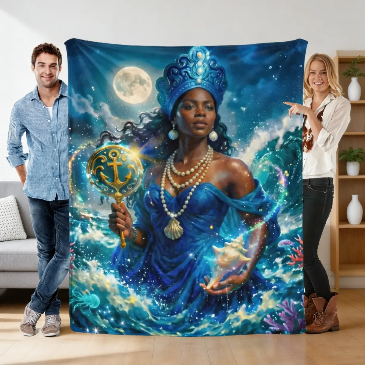 Yemoja Orisha Water Goddess Flannel Blanket - Lightweight Cozy Artwork Throw Blanket for Sofa, Spiritual Living Room Decor, Yemaya Gift Idea, Artwork Blankets, Sofa‑To‑Bed Use
