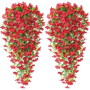 4 Pack 30'' Handmade Faux Orchid Hanging Flowers, UV Resistant Outdoor Plants for Window Planter, Patio Yard Garden, Aesthetic Home Decor Red