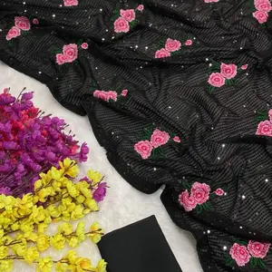 ATTRACTIVE GEORGETTE SEQUENCE MULTI THREAD WORK SAREE WITH UNSTITCHED BLOUSE