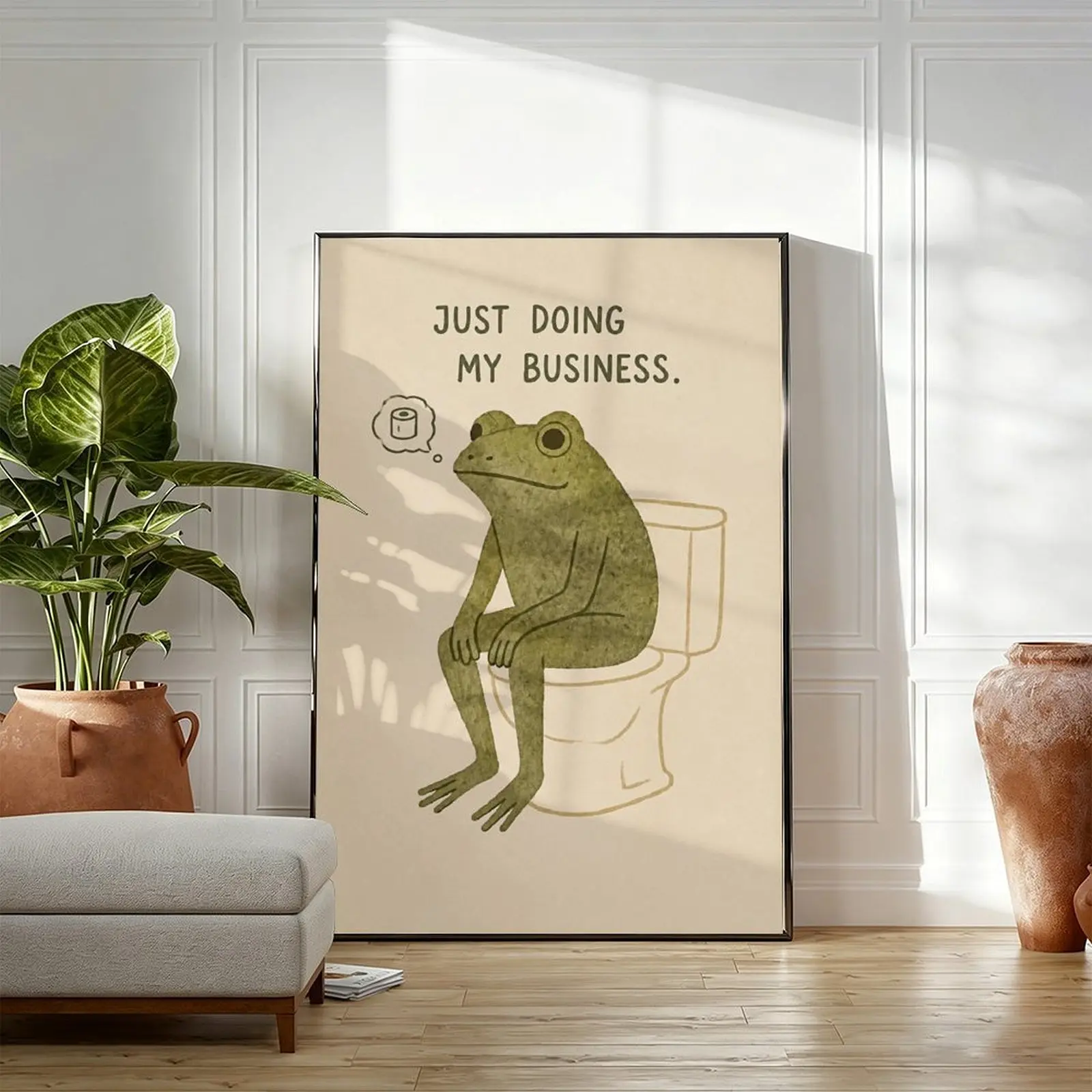 Quirky Frog Toilet Humor Canvas Print Poster, Cute Cottagecore Home Decor, Quirky Gifts for Frog Lovers, Ideal for Dorm Apartment Restroom