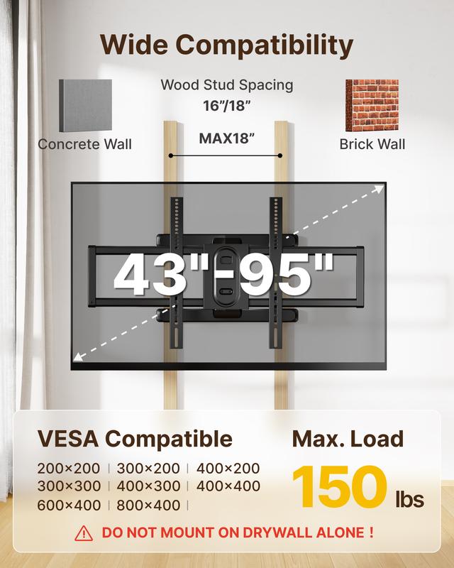 Full Motion TV Wall Mount for 13–95 Inch Flat & Curved TVs and Monitors, Swivel & Tilt Articulating Bracket, Holds up to 132 lbs, Perfect Center Design Adjustable