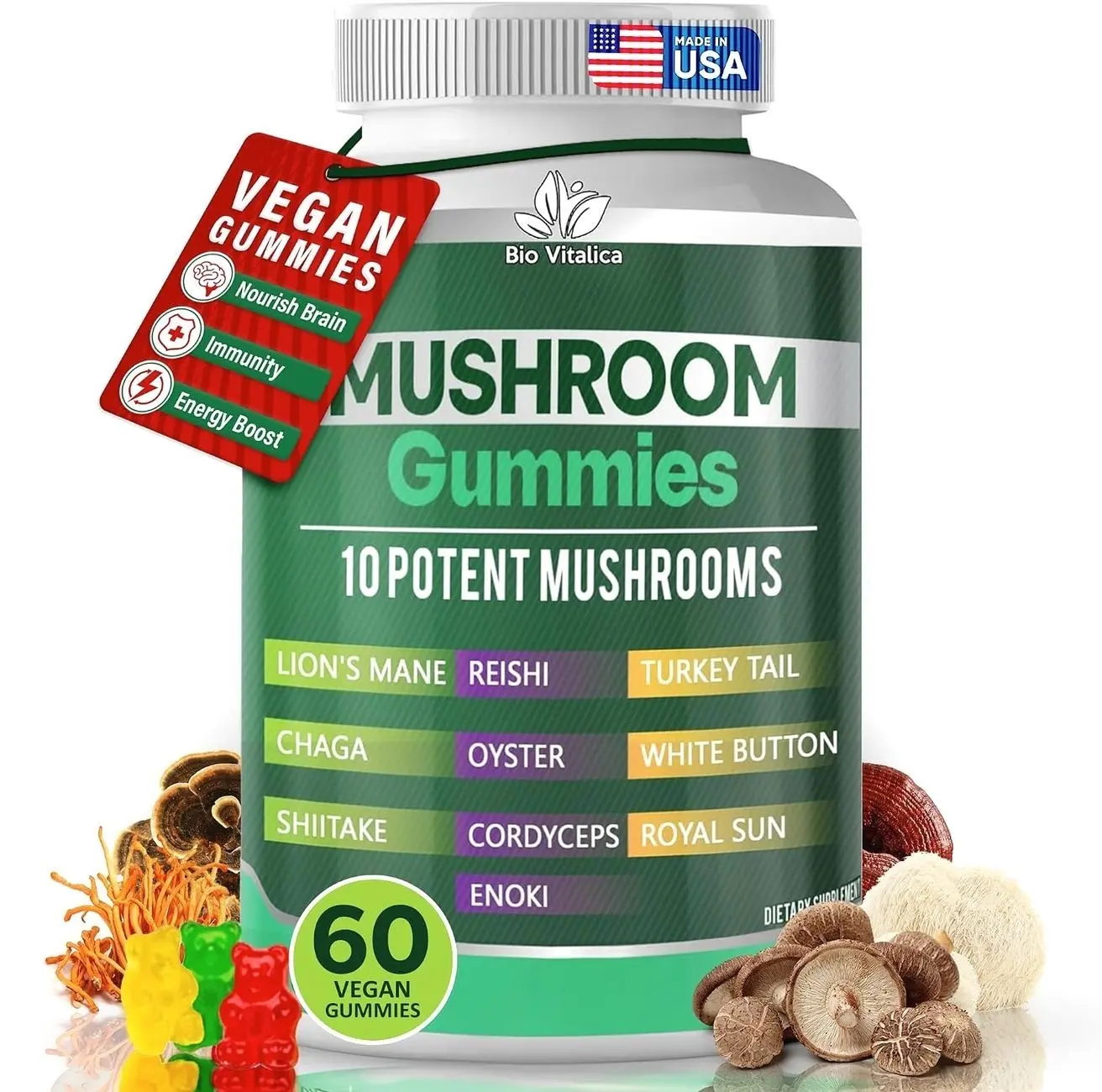 Mushroom Gummies – 10 Mushroom Complex with Lion’s Mane, Reishi, Chaga, Cordyceps & More – Fruity Vegan Gummies – Non-GMO, Gluten-Free, Plant-Based – 1 Pack